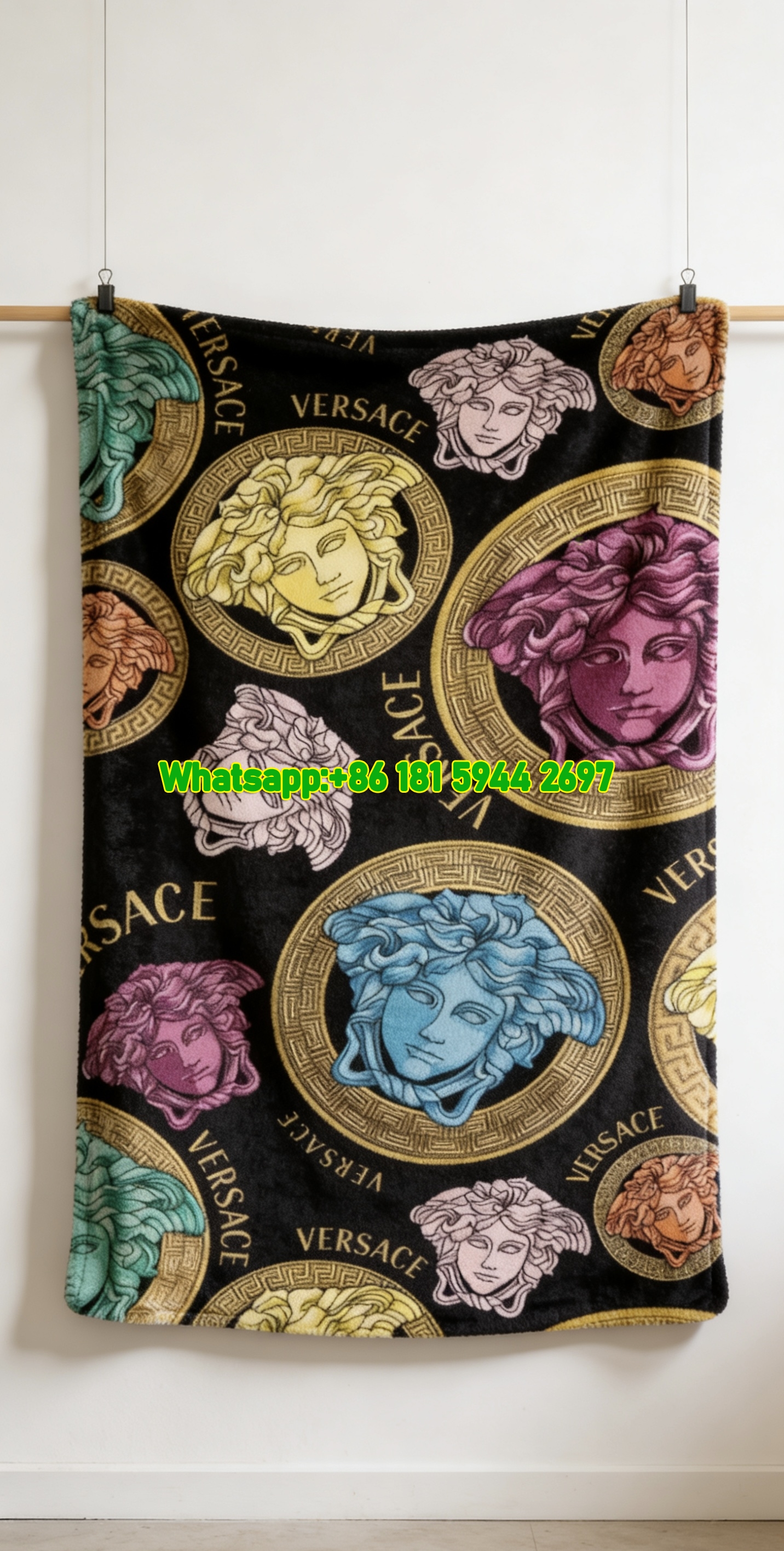 Versace Black Base Multicolor Medusa Head Allover Print Flannel Throw Blanket IMG_1472